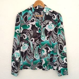 East 5th Paisley Green and Black Button Down Blouse Size Medium